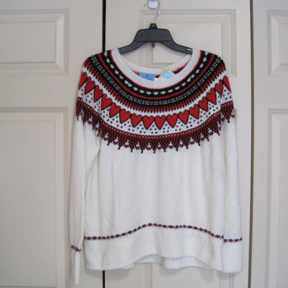 NWT CeCe White Sweater with Red and Black Heart Design